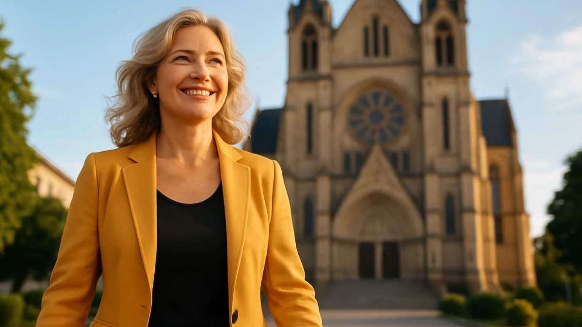 a woman smiling in front of a church confident in her faith