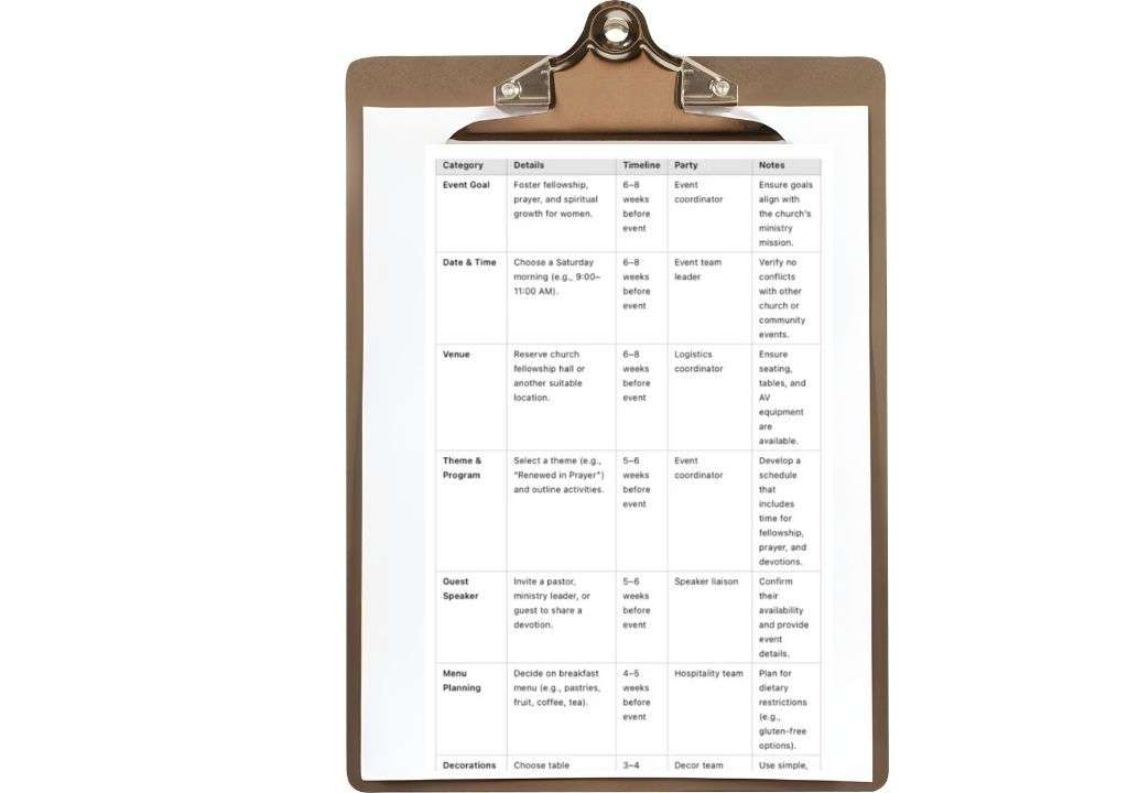 a clipboard with a white sheet of paper for planning women's prayer breakfast event
