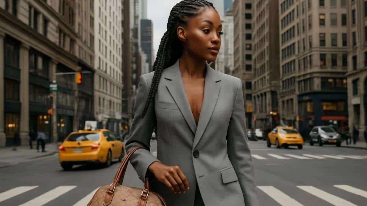 a woman in a suit walking down a street - synthetic hair and carcinogens