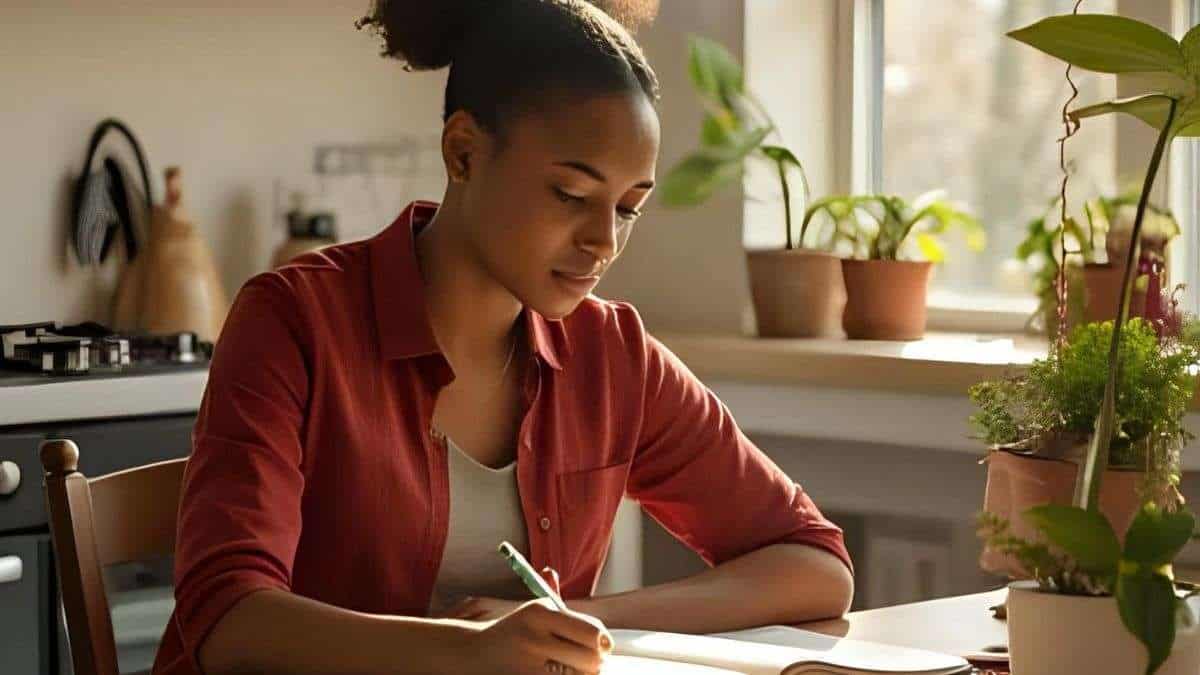 a woman writing on a book