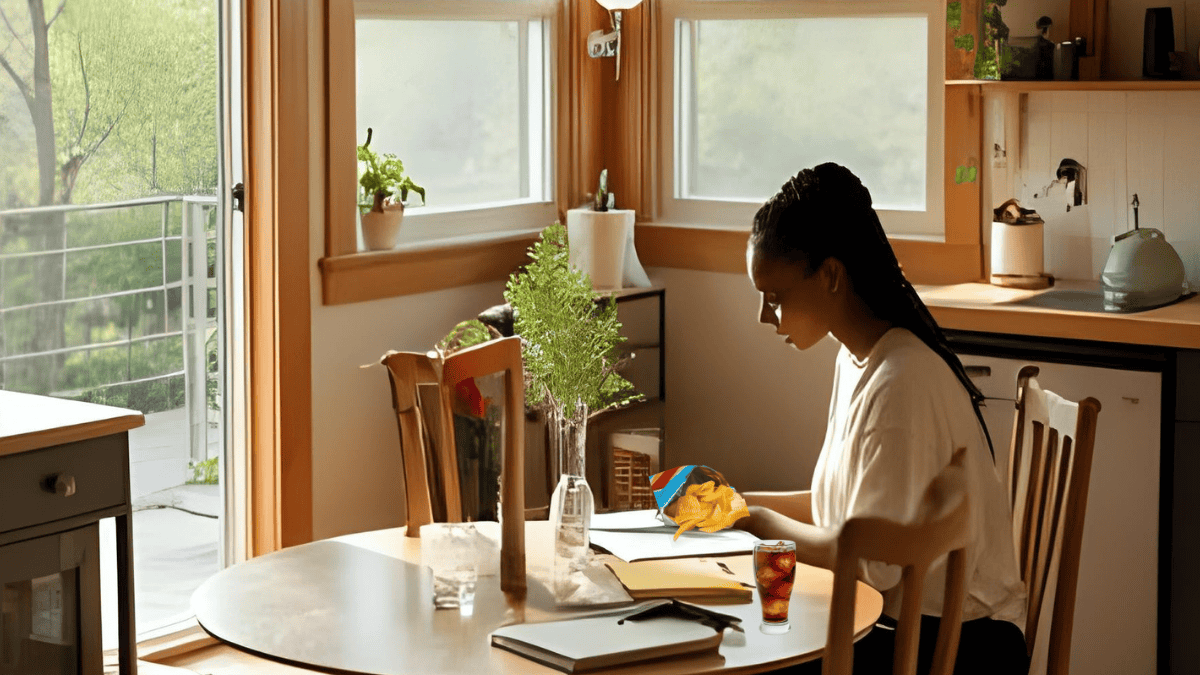a woman sitting at a table