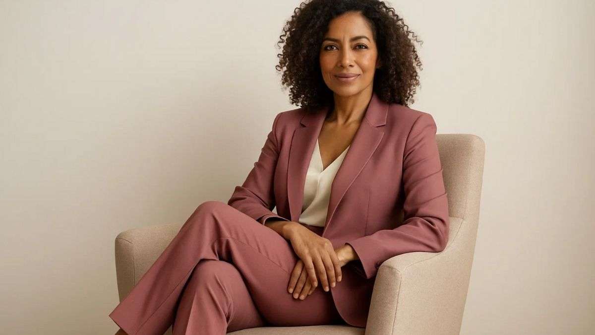 a woman in a pink suit sitting in a chair - Relaxed because she knows trust is all you need