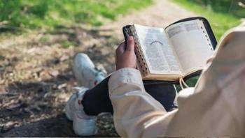 Woman in forest reading her Bible about great examples of faith in the Bible